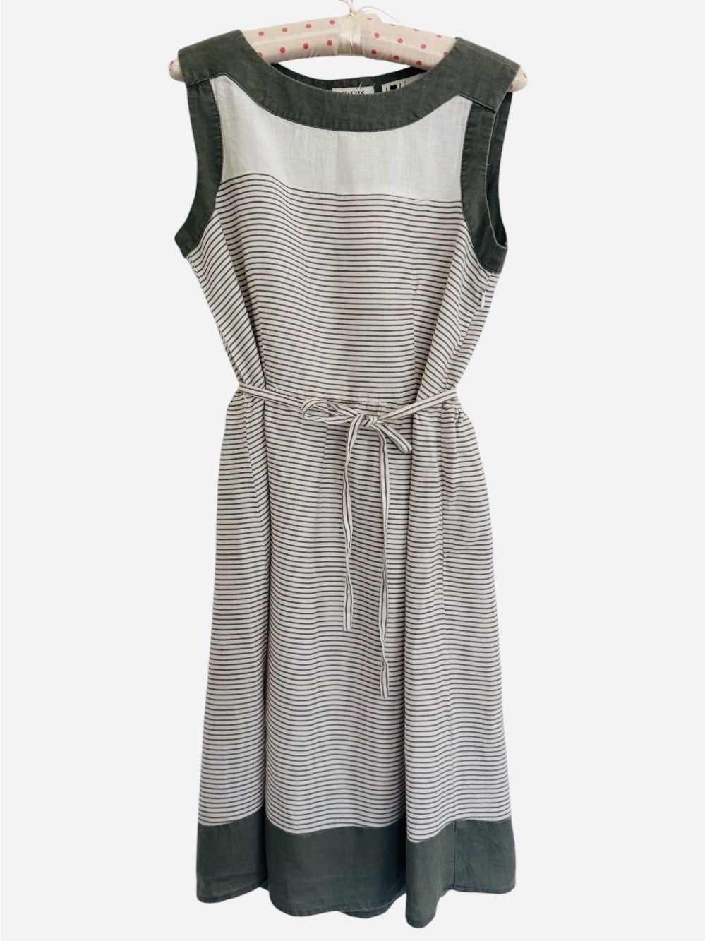 Sleeveless Striped Midi Dress with Tie Belt in Olive and White 100% Linen